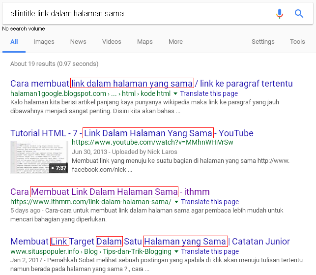 pencarian kata kunci pada tajuk utama menggunakan operator allintitle