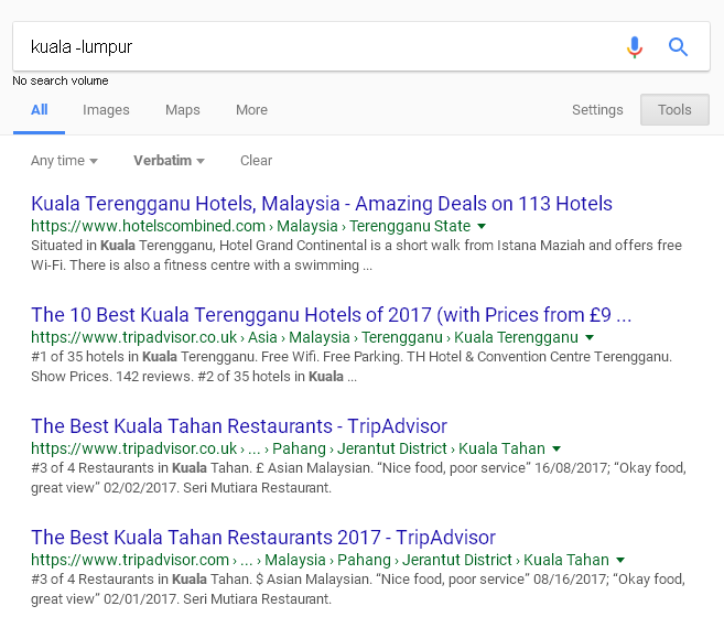 pencarian kata kunci dengan menambah operator tolak