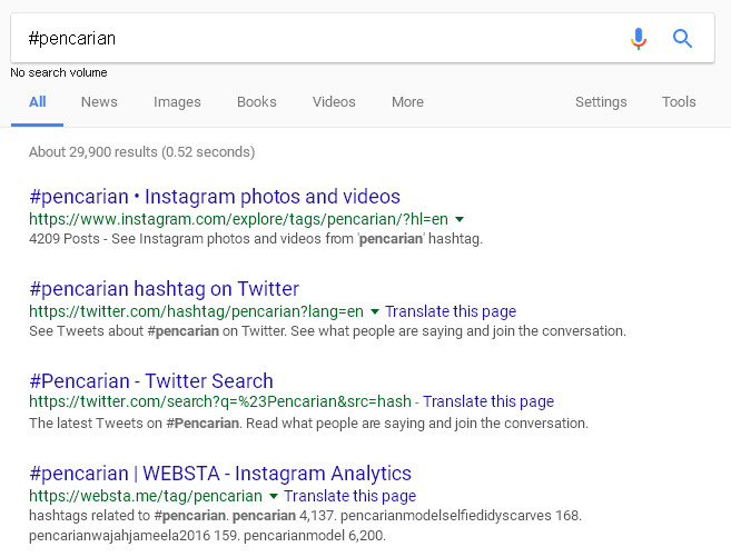 pencarian hastag di google search