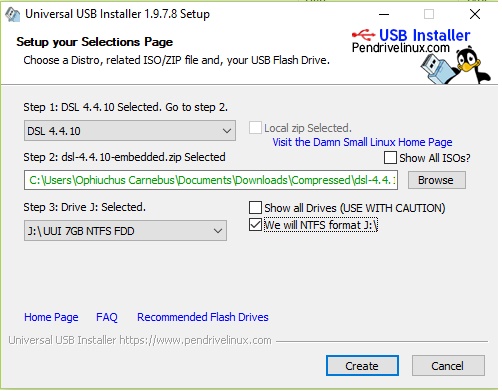 contoh setting UUI untuk instal OS DSL pada USB