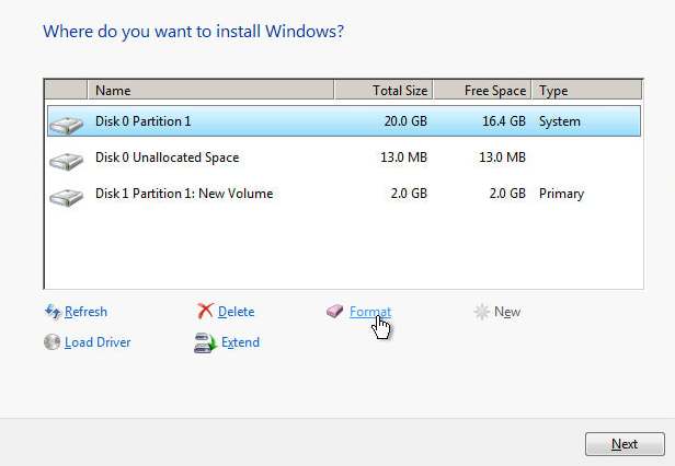 pilihan partition untuk install windows