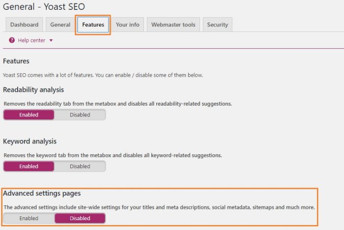 yoast enabling advance setting