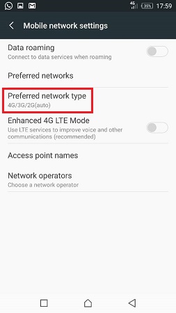 bahagian preferred network type pada android