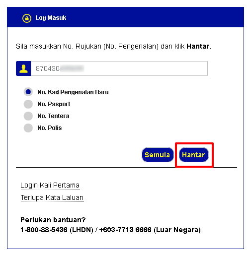 ehasil masukkan kad pengenalan dan butang hantar