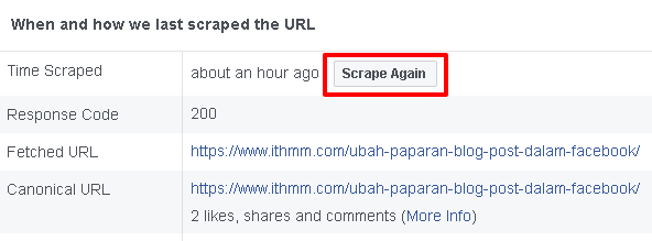 butang scrap again dalam facebook debugger