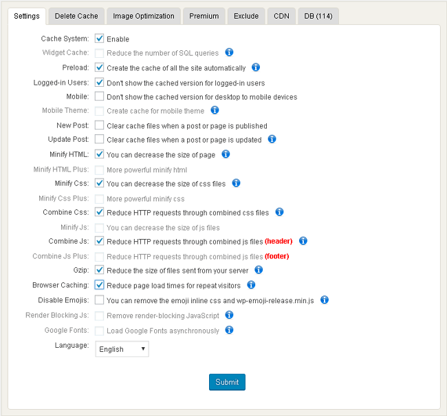 tetapan setting WP fastest Cache