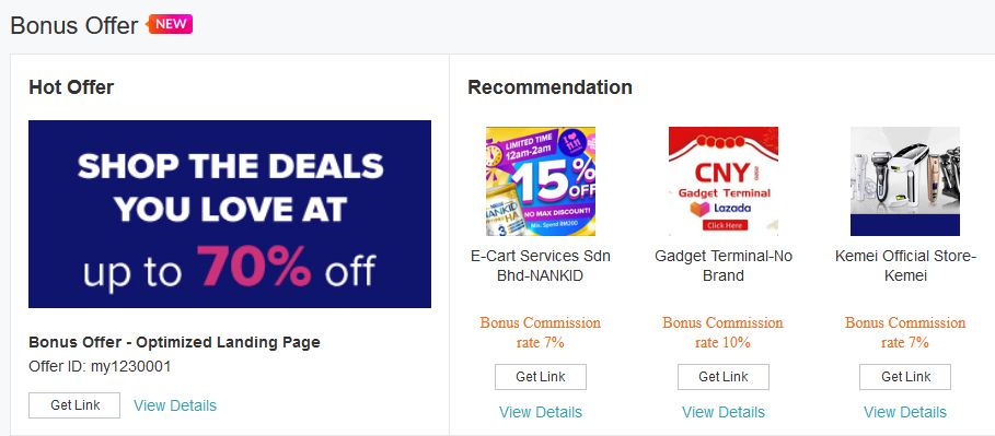 paparan bonus offer dalam affiliate lazada