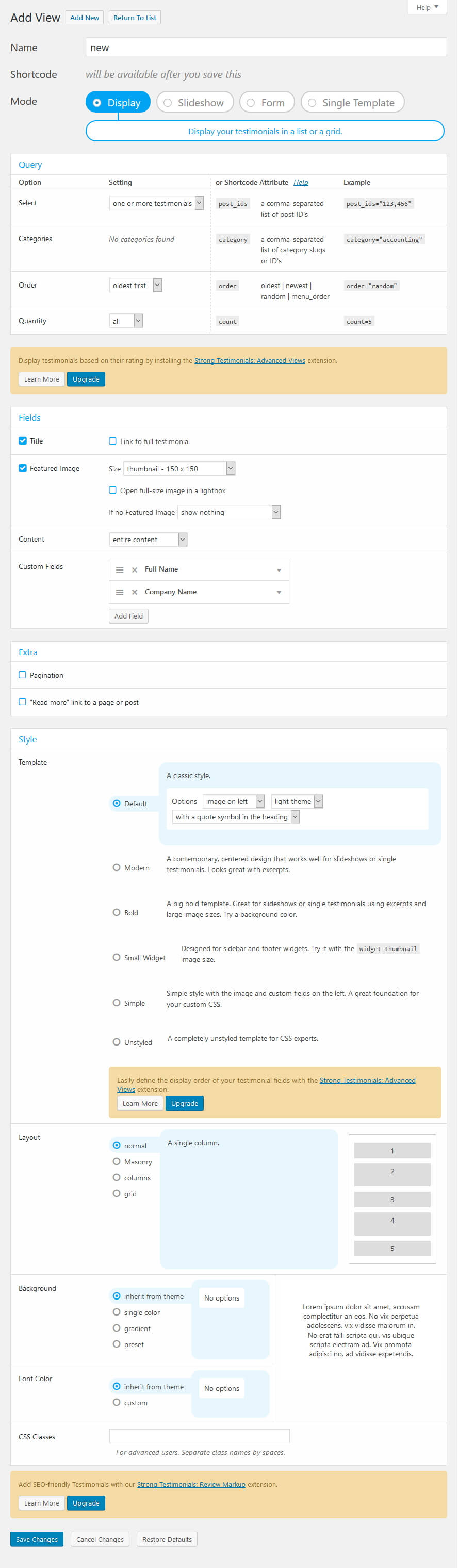 plugin strong testimonials setting view display