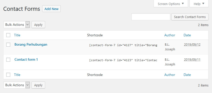 paparan senarai contact forms