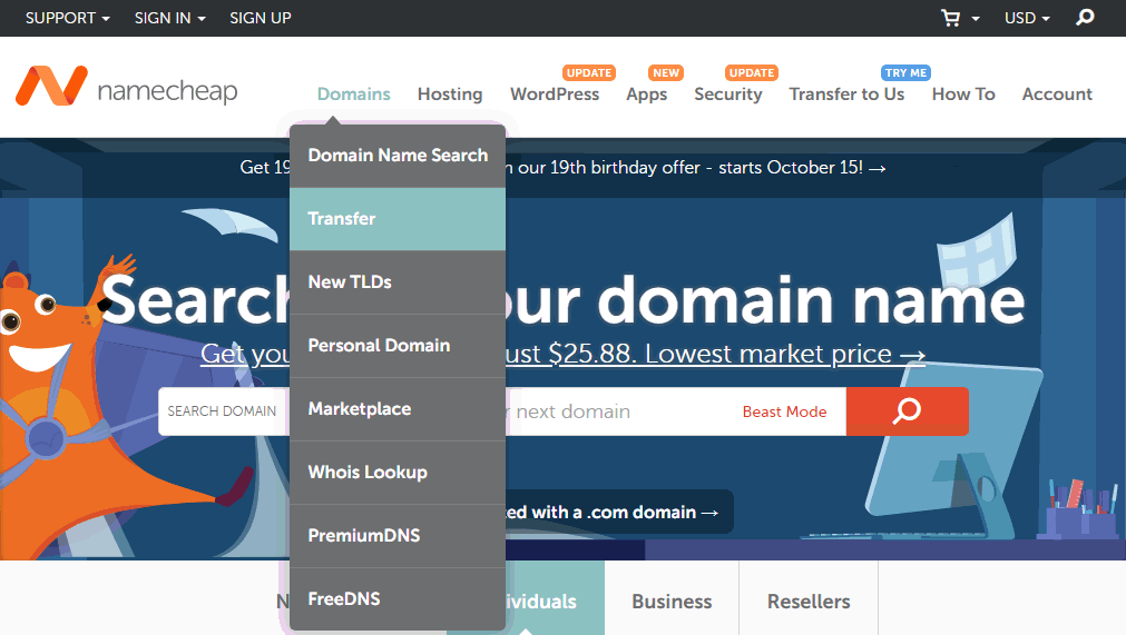 menu transfer domain