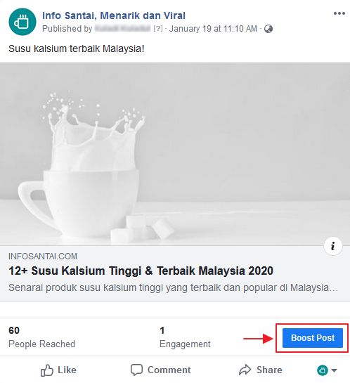 butang boost post dalam post facebook page