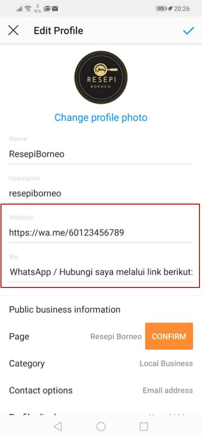 Letak link dalam ruangan website di edit profile ig.