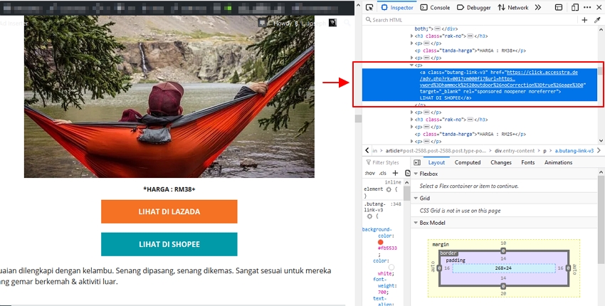 struktur element html target yang nak dibuang