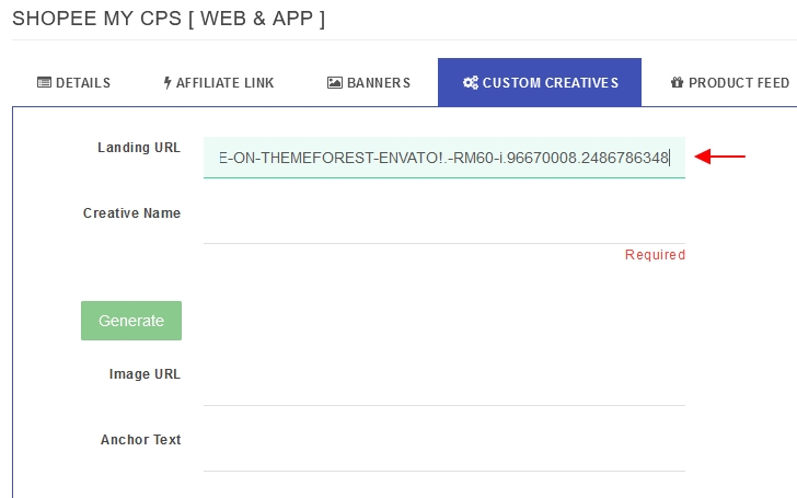 masukkan url produk dalam ruang landing url di custom creatives
