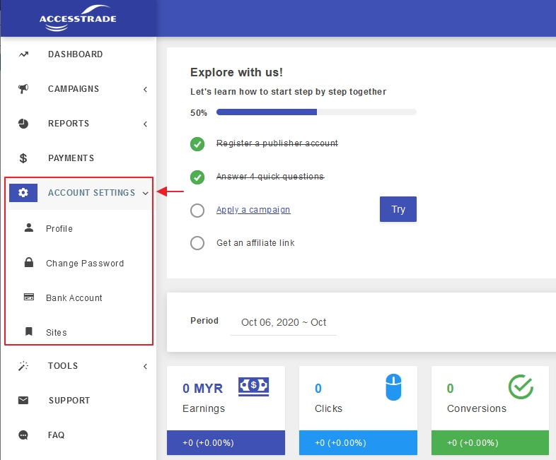 menu account setting dashboard accesstrade