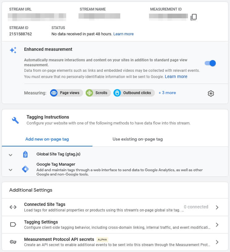 maklumat web stream untuk google analytics