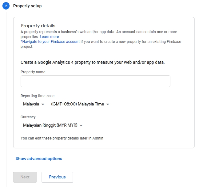 set up property google analytics