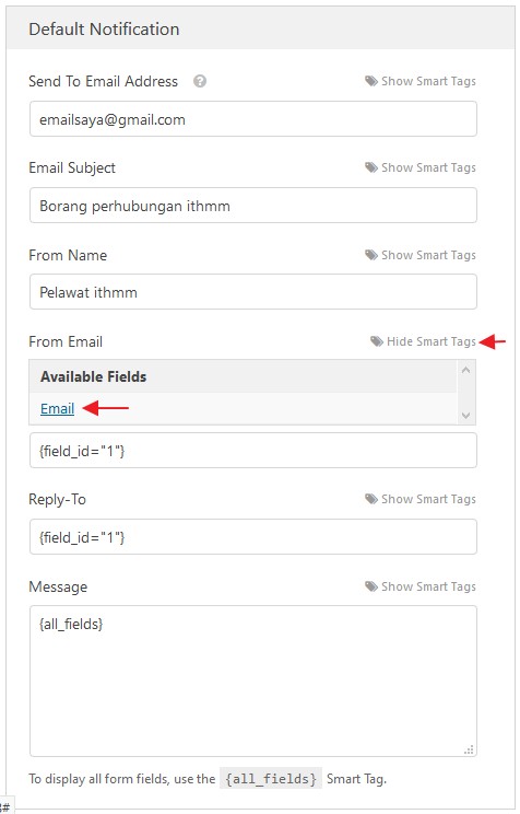 Lihat smart tag untuk pastikan field id