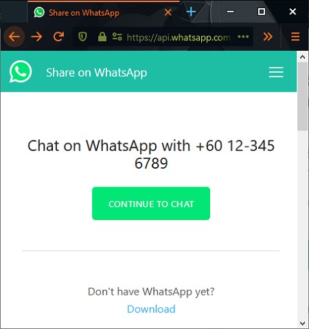 paparan link whatsapp apabila diklik