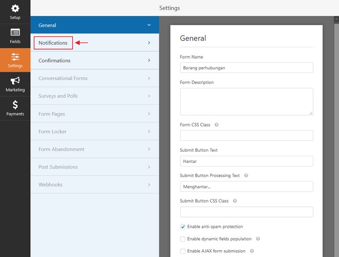 setting notification wpforms