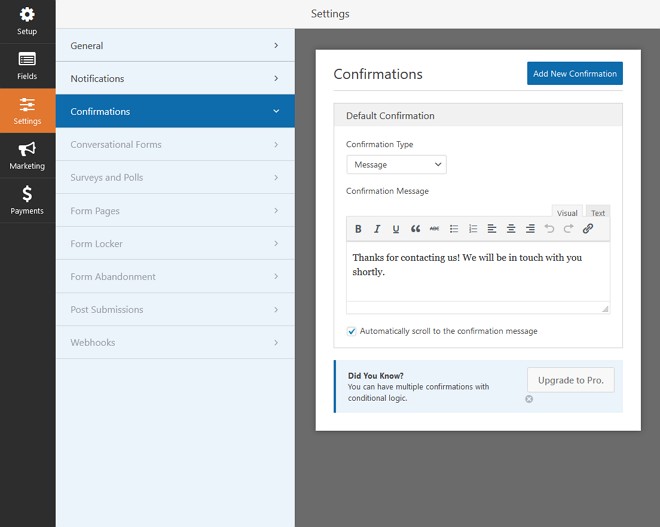 settings confirmation