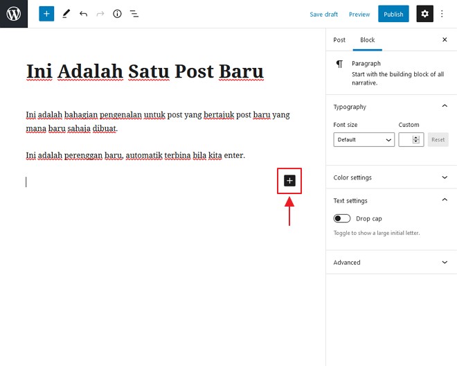 Simbol add block dalam wordpress