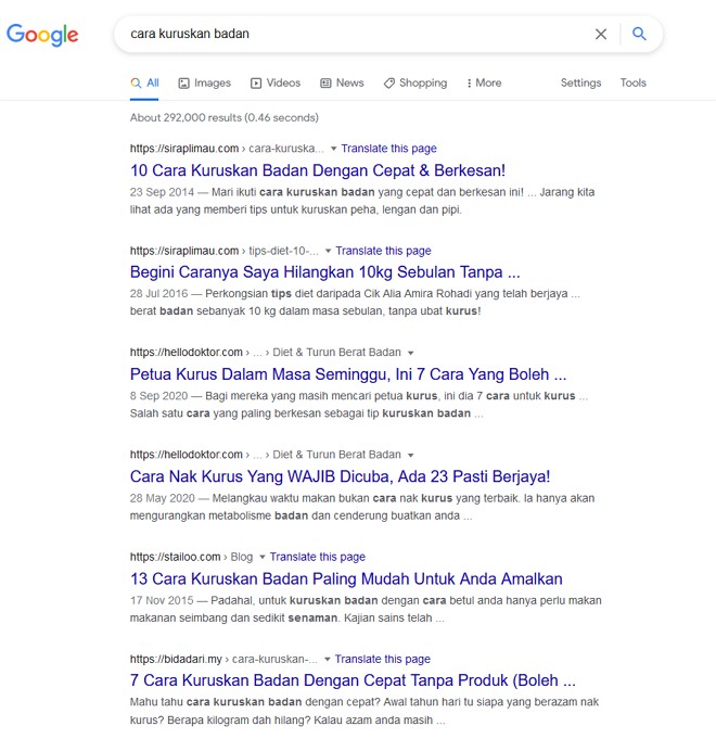 contoh hasil carian search engine