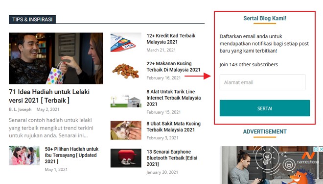 contoh paparan widget subscriptions di bahagian sidebar