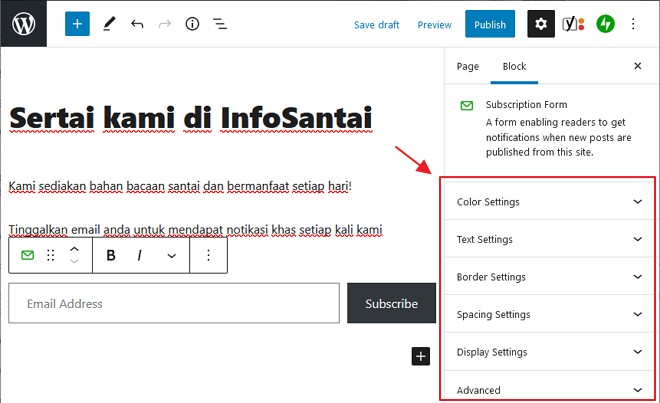 pilihan untuk ubahsuai borang subscription