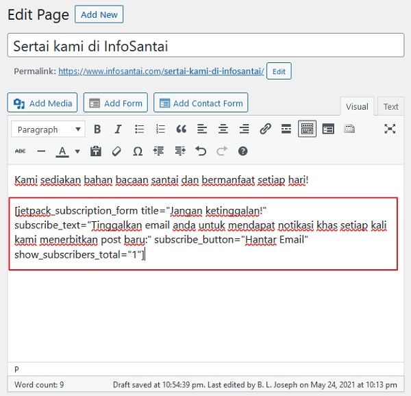 shortcodes penuh borang subscription dalam ruangan editor