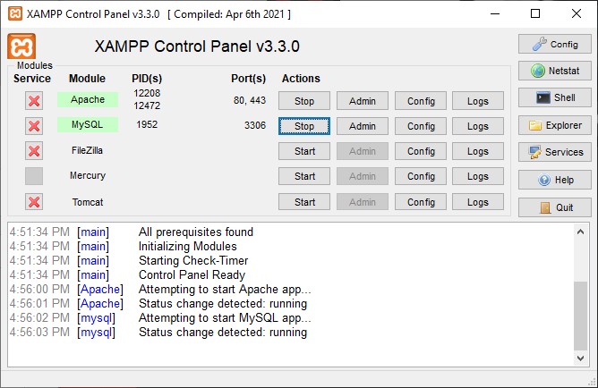 Module Apache dan MySQL warna hijau