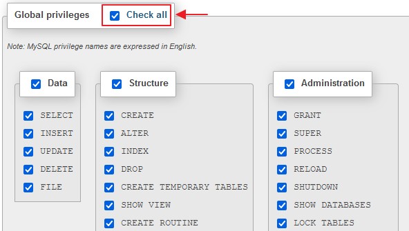 check all global privileges