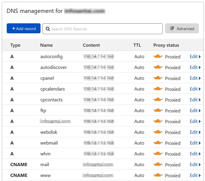 contoh paparan DNS management cloudflare
