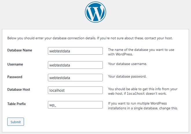 masukkan maklumat database untuk setup wordpress