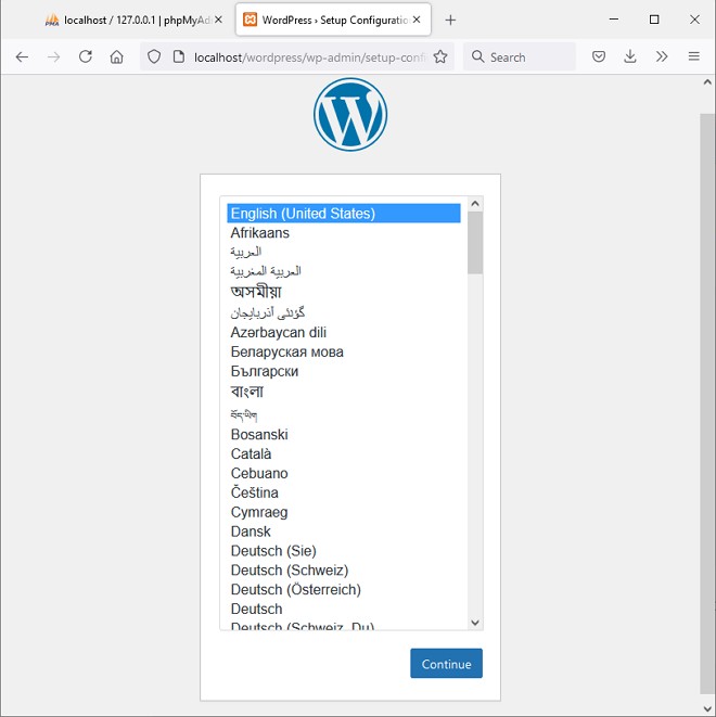 setup wordpress pilihan bahasa