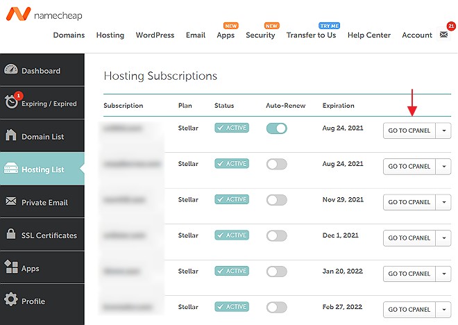 Butang akses ke cPanel untuk namecheap