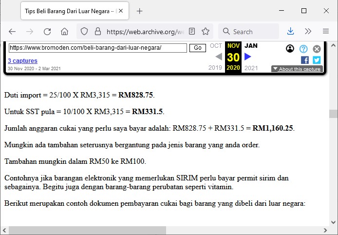 contoh rekod yang disimpan oleh wayback machine