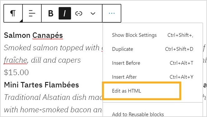 edit block as html