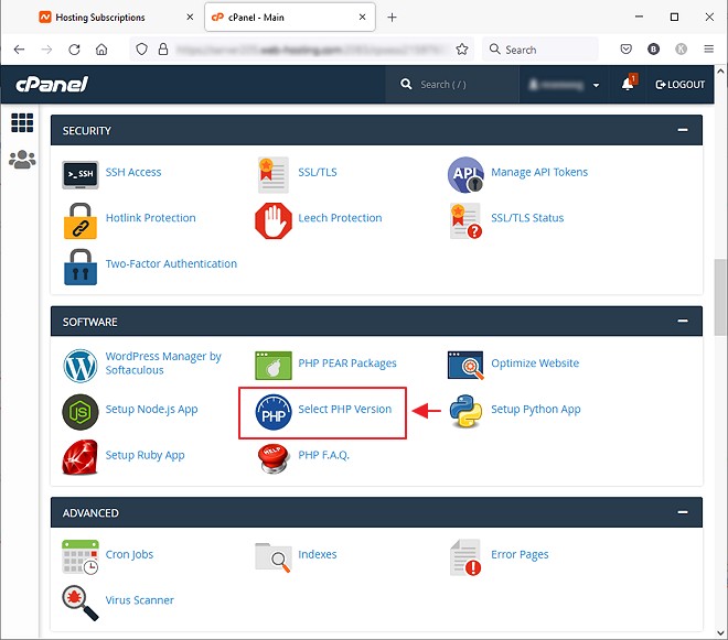 lokasi pilihan select php version dalam cpanel