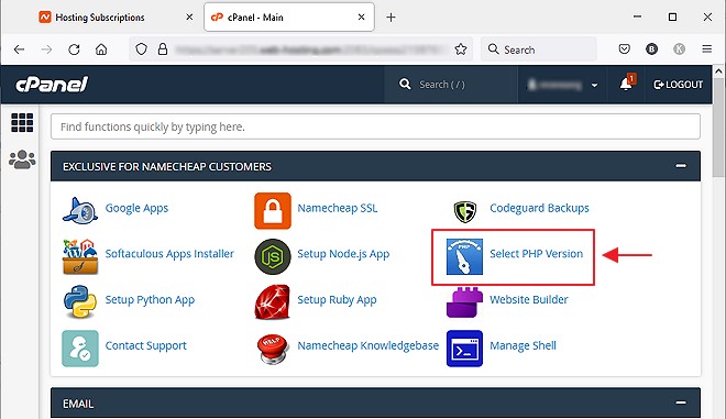lokasi select php version untuk pengguna namecheap