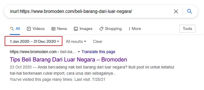 periksa keputusan search engine untuk jangka tarikh tertentu