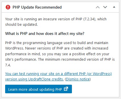 paparan notifikasi php update diperlukan.