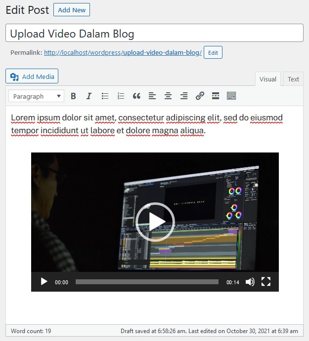 paparan video dalam wordpress classic editor