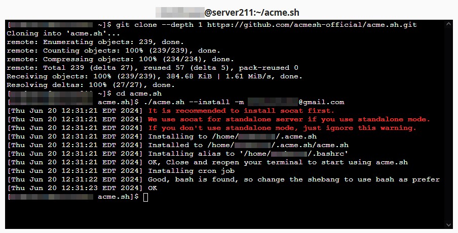 Paparan proses install acme.sh