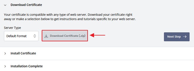 klik pada butang download certificate untuk memuat turun ssl