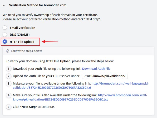 pilihan domain verification menggunakan http file upload
