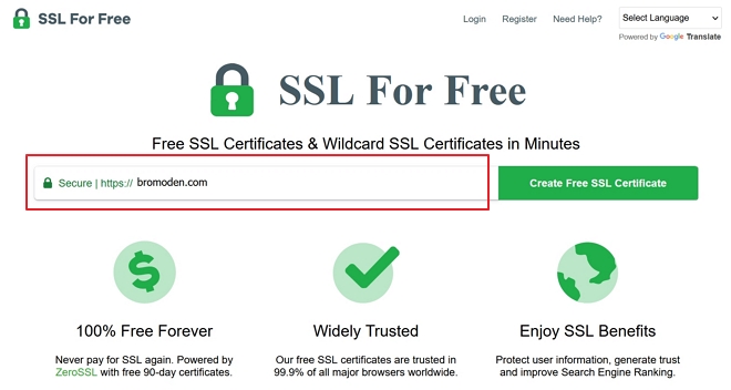 taip masuk alamat domain dalam ruangan yang disediakan dalam laman web ssl for free