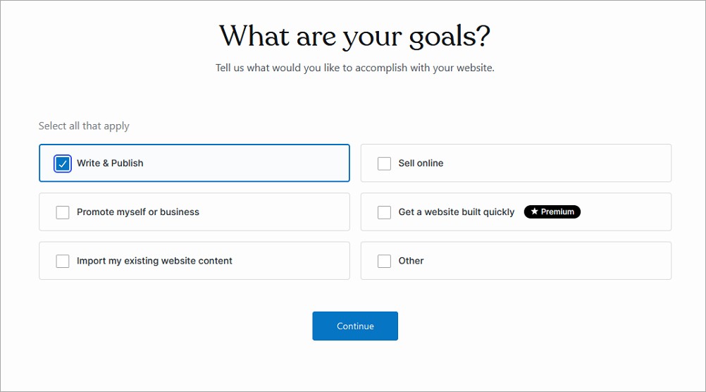 Pilih tujuan anda untuk buat laman web.