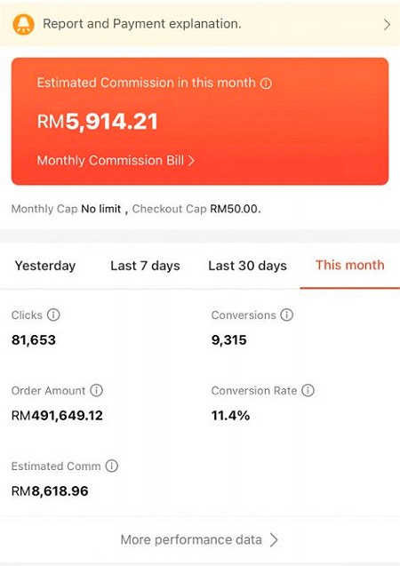 contoh income daripada program affiliate shopee