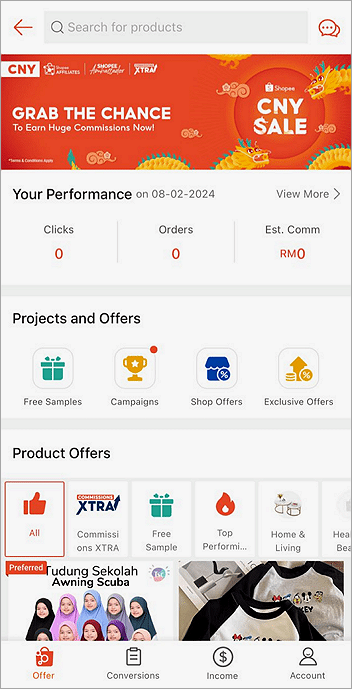 paparan utama affiliate platfrom shopee app